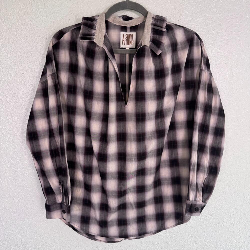 A Shirt Thing Penelope Top Womens XS Plaid Popover Blouse Peasant Ruffle Collar